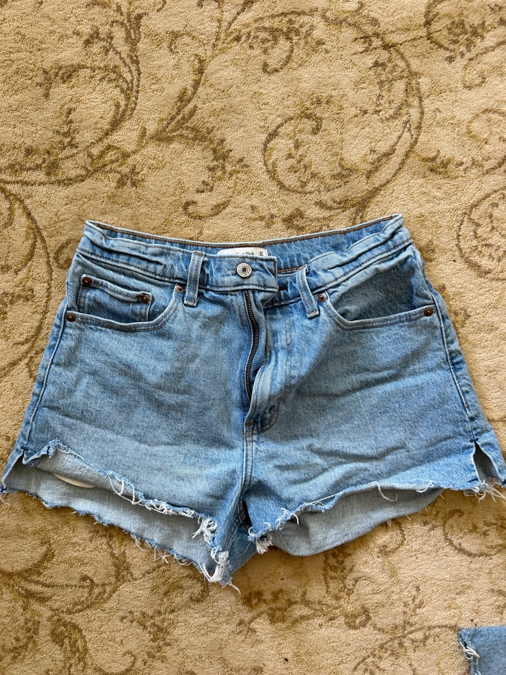 Abercrombie & Fitch The Mom Hi Rise Curve LoveLight Blue Distressed Denim Shorts